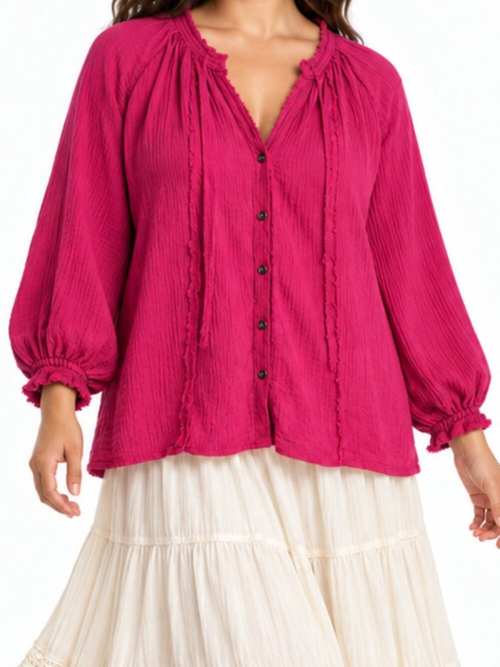 CJ Banks Fuchsia Cotton Gauze Raw Edge Boho Peasant Button Front Blouse Size 1X